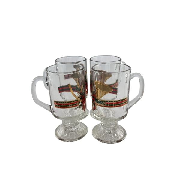 Vintage Culver Footed Irish Coffee Mugs Christmas Gold & Red Horn Set Of 4 - Picture 8 of 16